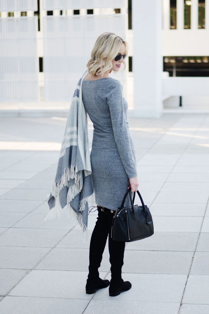 fitted ruched grey dress with black over the knee boots