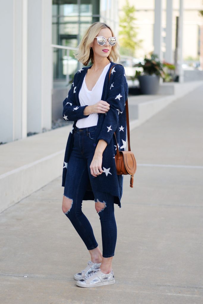 star cardigan, ripped jeans, white t-shirt, casual outfit idea