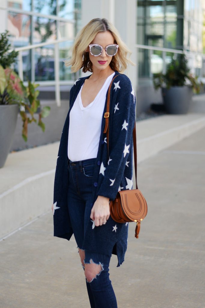 mirrored sunglasses, chloe mini marcie bag, navy blue star cardigan, busted knee jeans