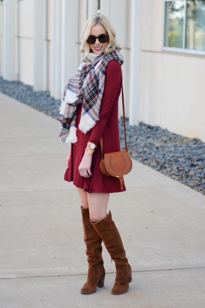 jersey swing dress with plaid scarf and OTK boots