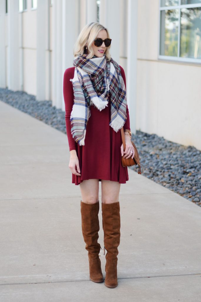 versatile and affordable swing dress styled with scarf and boots for fall