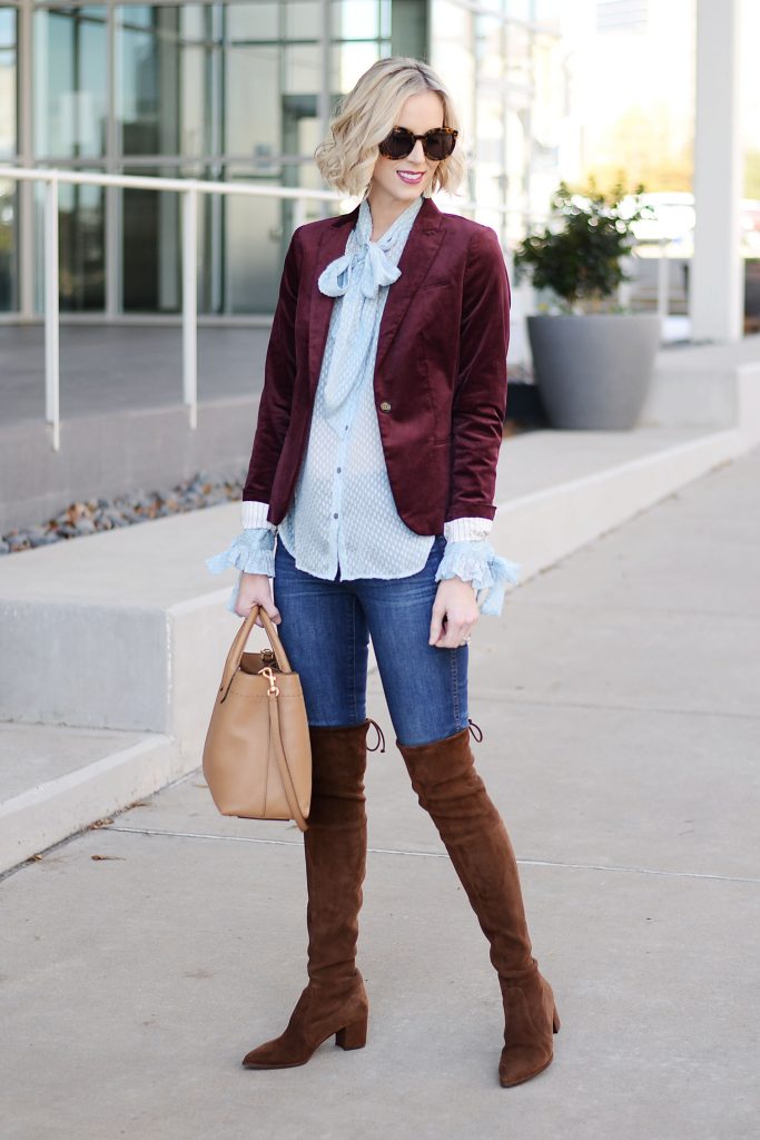 Unexpected Color and Texture Combinations, velvet blazer and sheer dot blouse