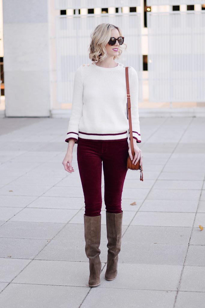 burgundy and cream casual holiday outfit idea