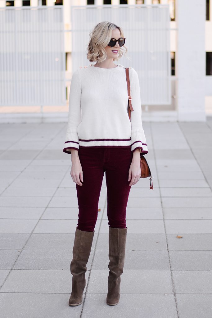 velvet pants with bell sleeve sweater and tall boots