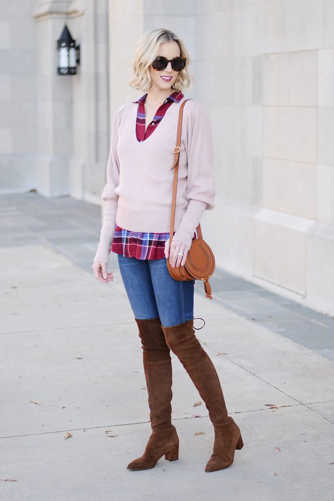 easy fall casual outfit, plaid shirt, jeans, brown otk boots, sweater, chloe bag