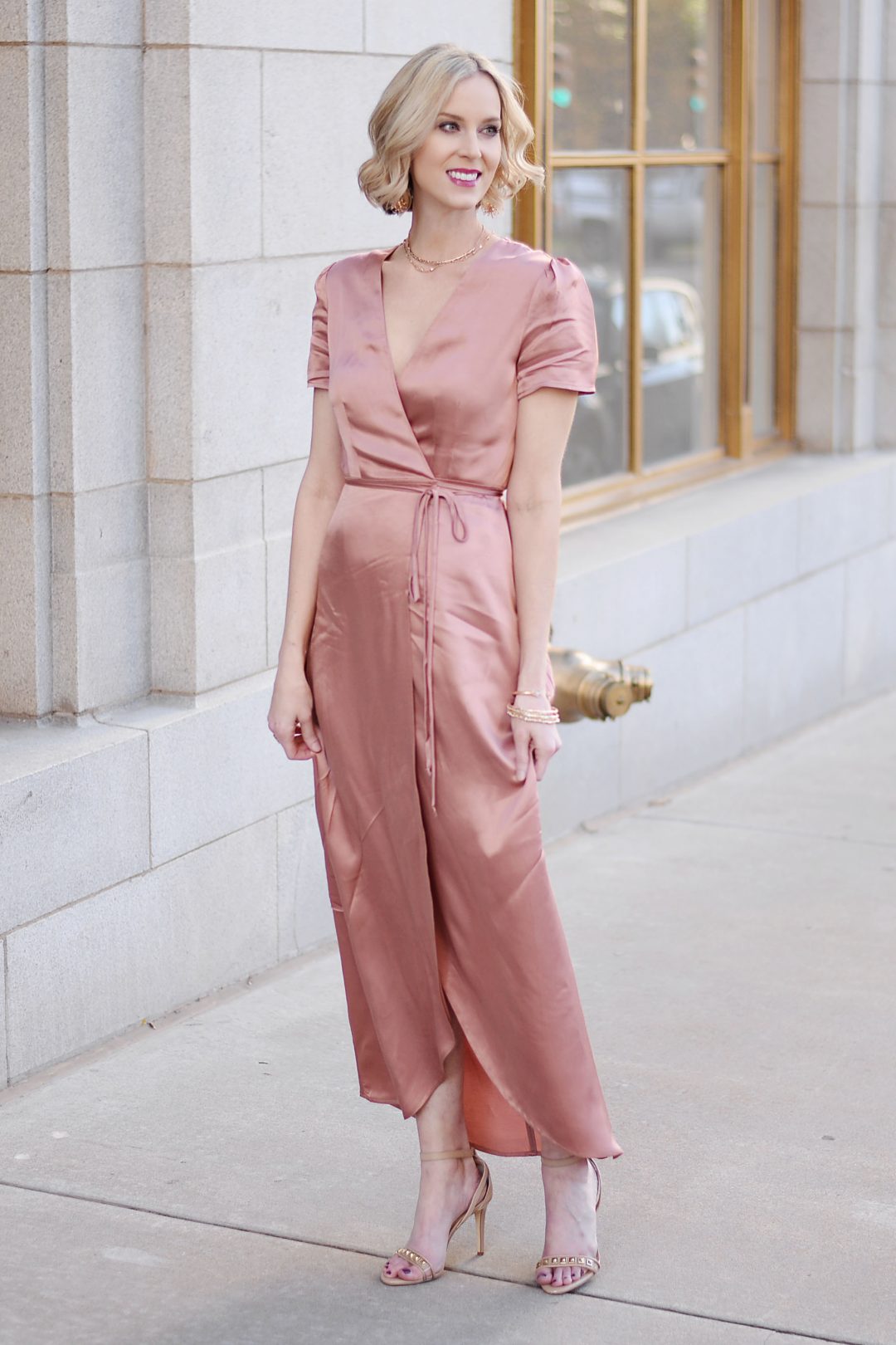 Dressy Holiday Party Outfit Satin Wrap Dress + Cyber Monday Sales