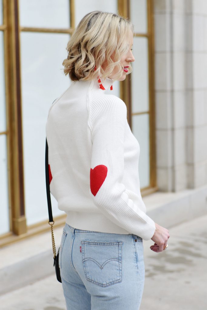 heart elbow patch sweater, levi wedgie jeans, red earrings