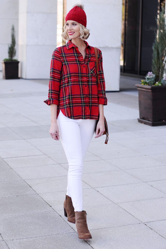 Christmas plaid shirt with white jeans