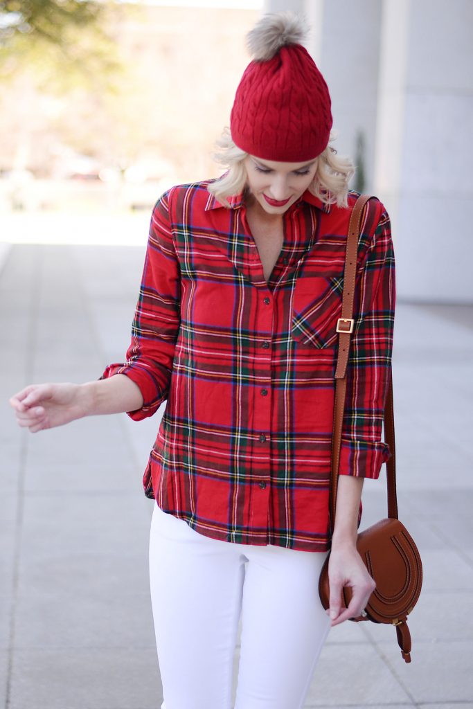 the perfect Christmas plaid, red flannel with white jeans and red beanie hat, Chloe mini Marcie bag