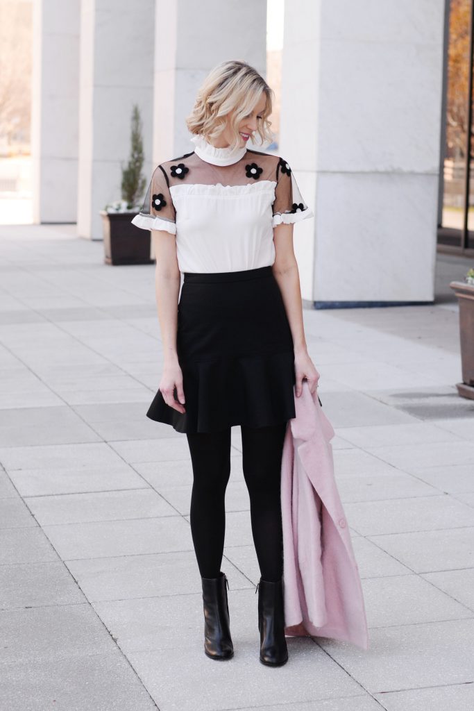 dressy black and white outfit, black trumpet skirt with tights, pink jacket