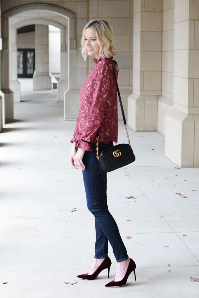 pretty lace blouse with dark skinny jeans, date night outfit idea