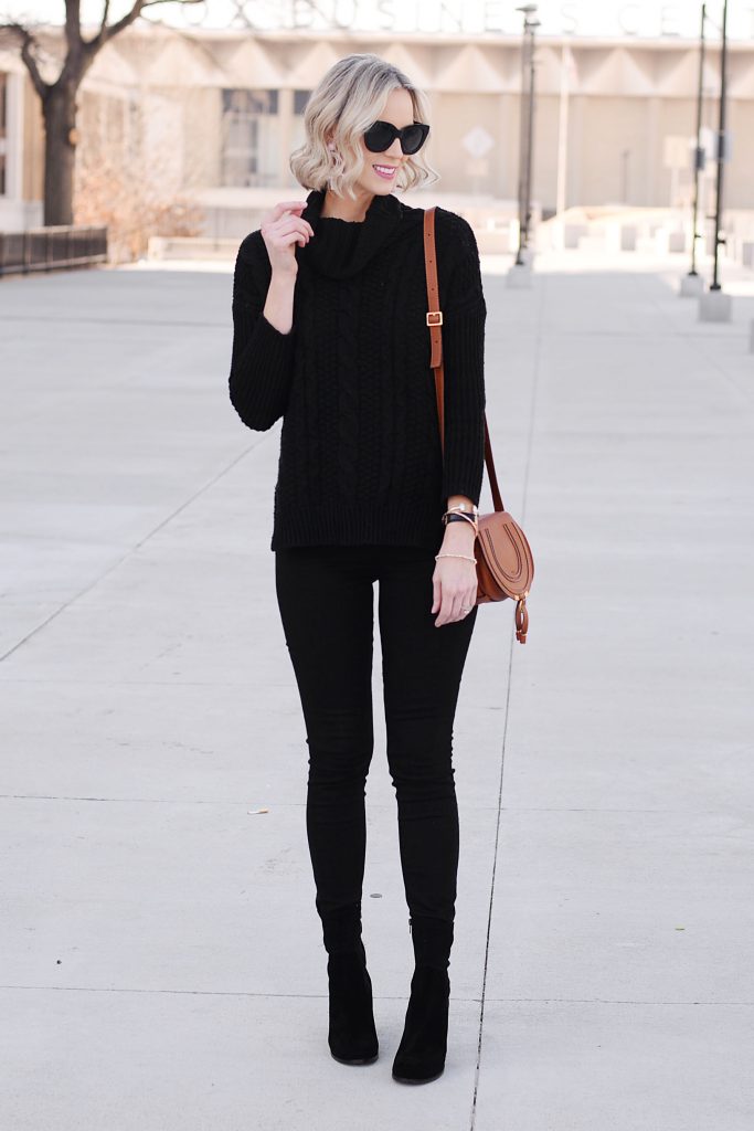 black jeans, black turtleneck sweater, tan chloe bag