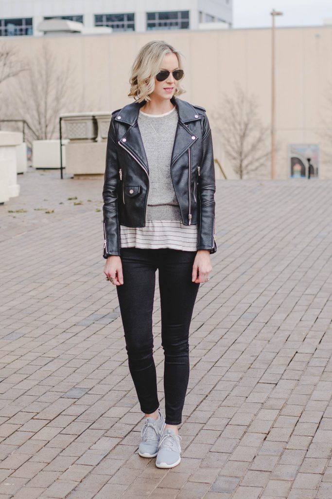 leather jacket outfit, sweater layered over striped t-shirt, nike roshe sneakers with jeans