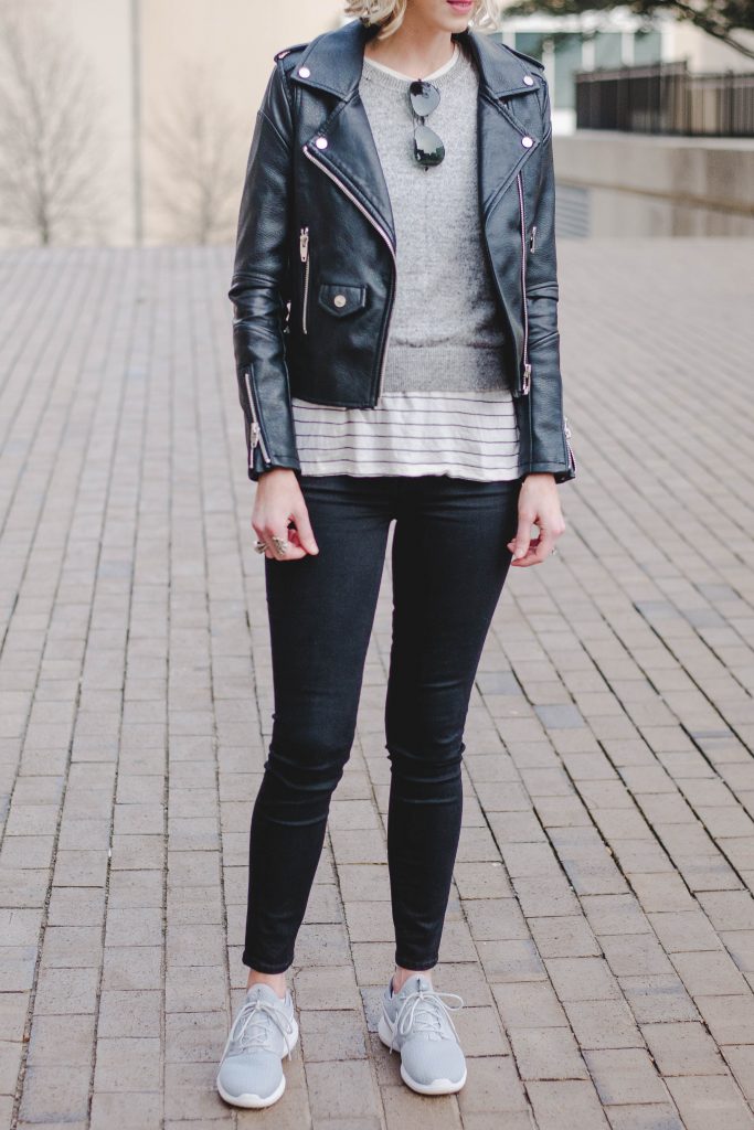 casual leather jacket outfit idea