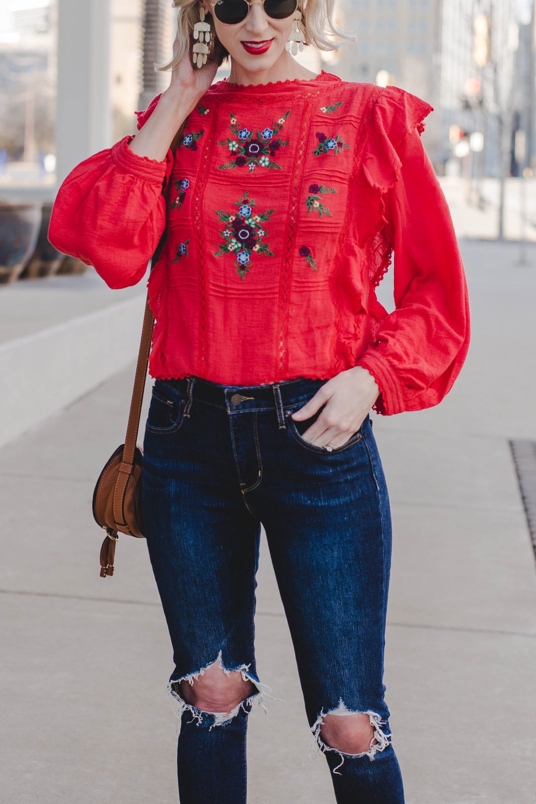 Red Embroidered Floral Top