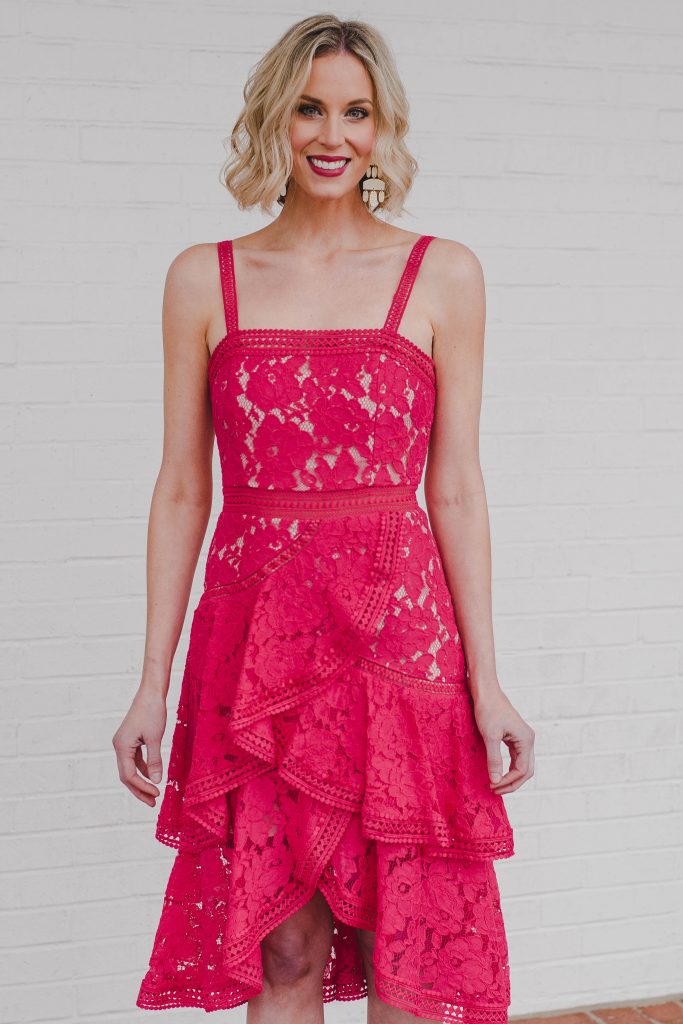 gorgeous coral lace tiered midi dress with asymmetrical hem