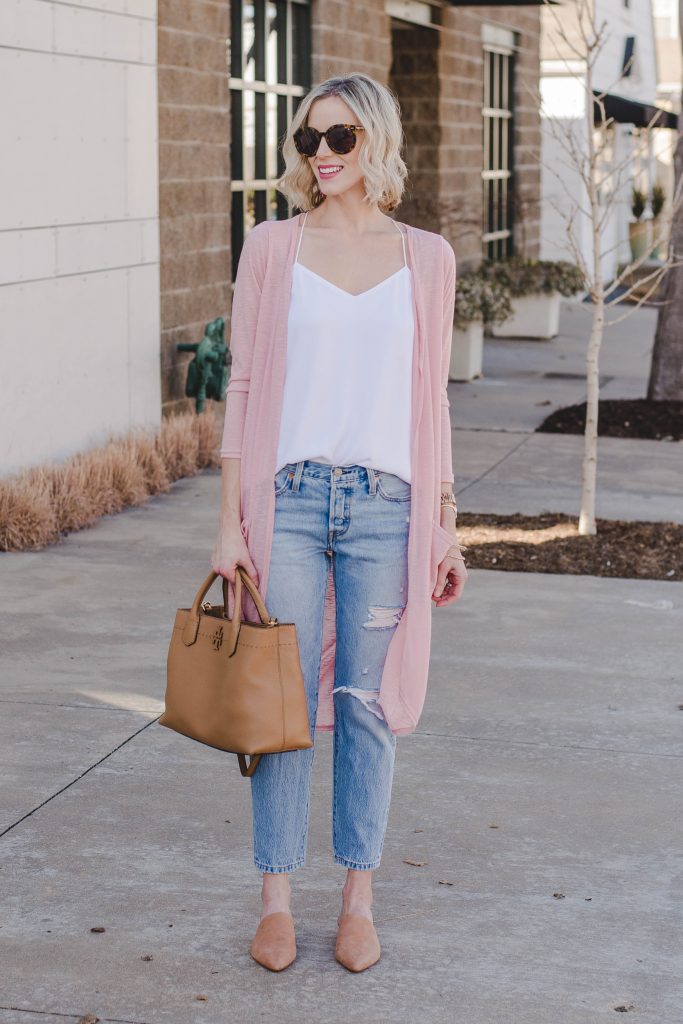 light pink duster cardigan, white camisole, light wash distressed jeans