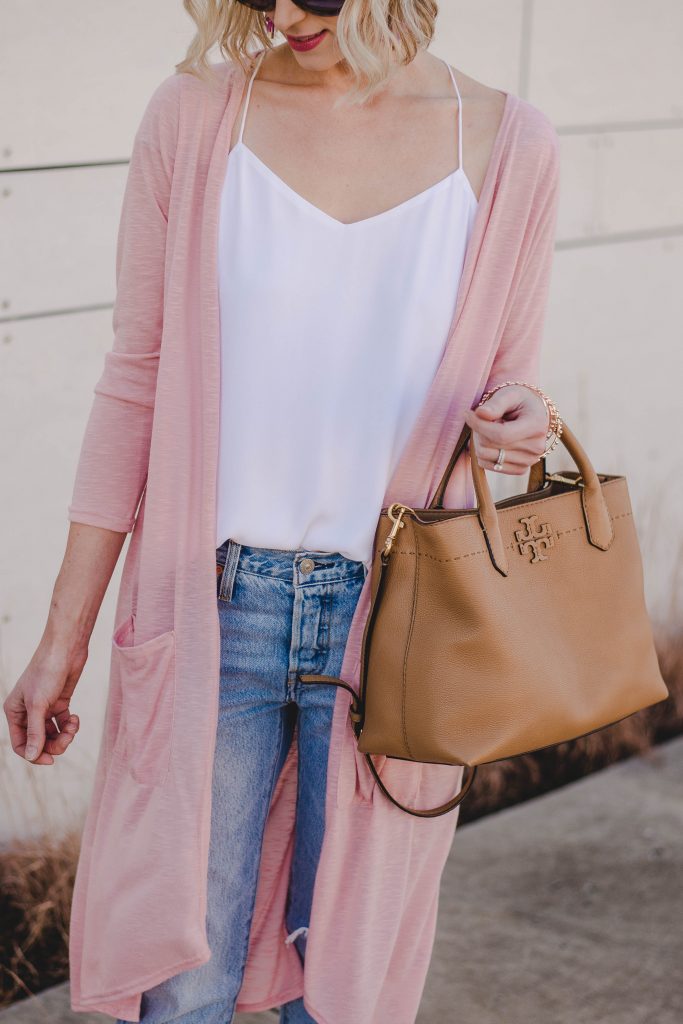 pink duster with white cami