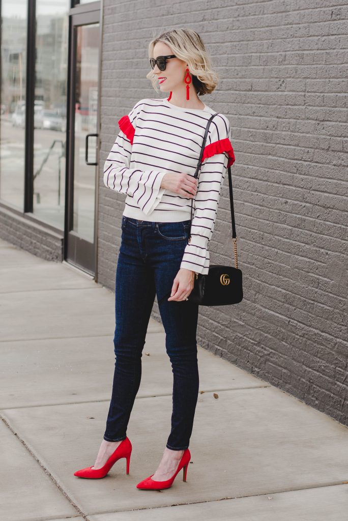 striped top with red ruffle on shoulder