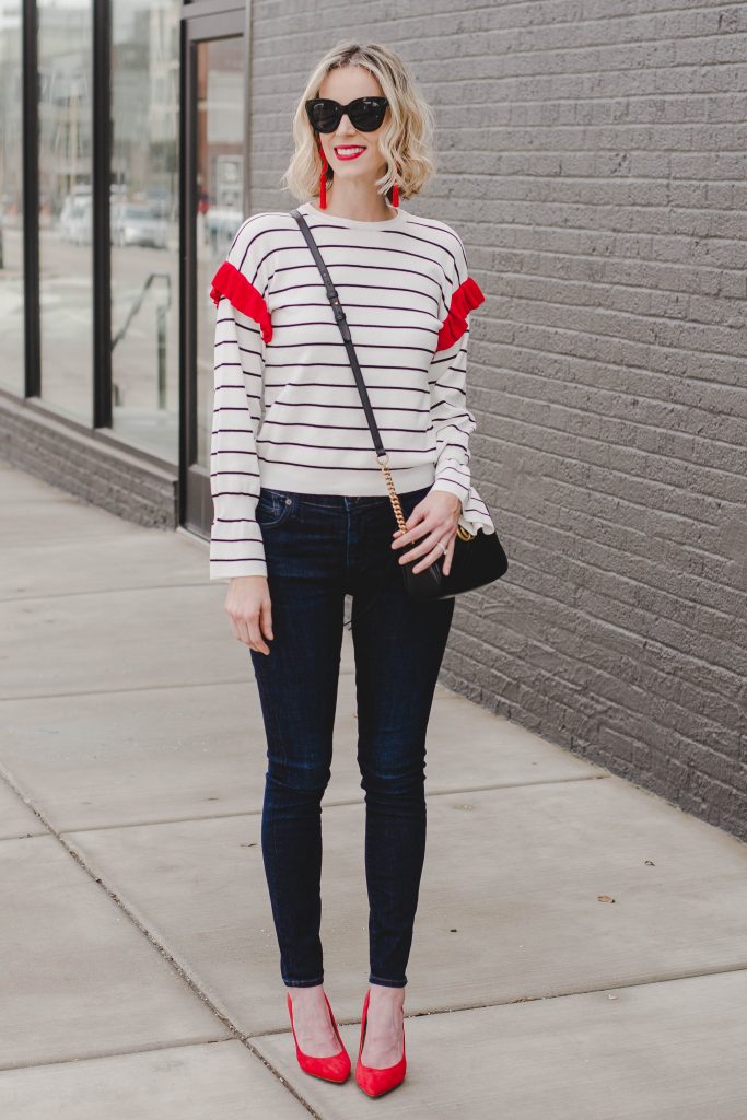 cute date nigh outfit idea, skinny jeans, heels, and cute top