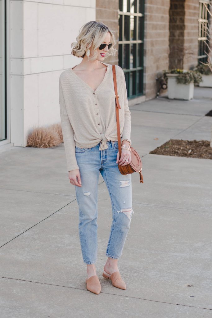long sleeve thermal with Levi jeans and tan mules
