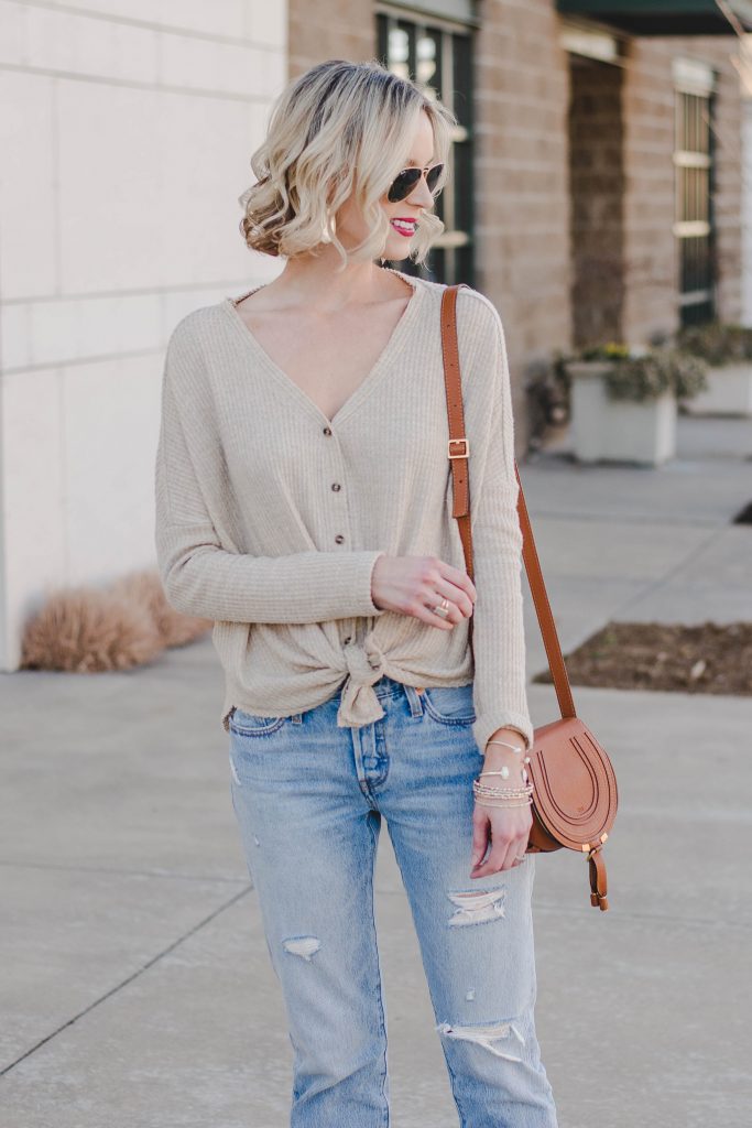button front thermal with tie detail and boyfriend jeans