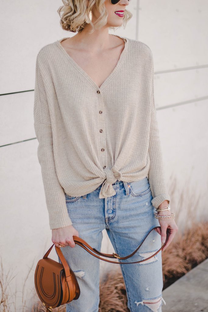 casual tie front top and distressed jeans with Chloe mini marcie bag