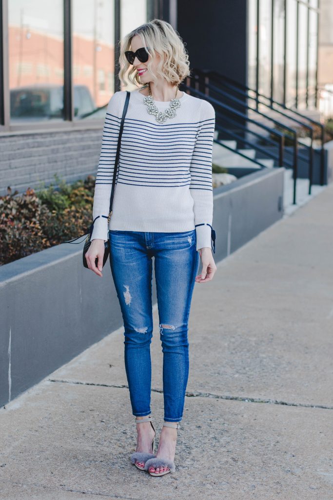 stripes and fur, spring date night outfit idea