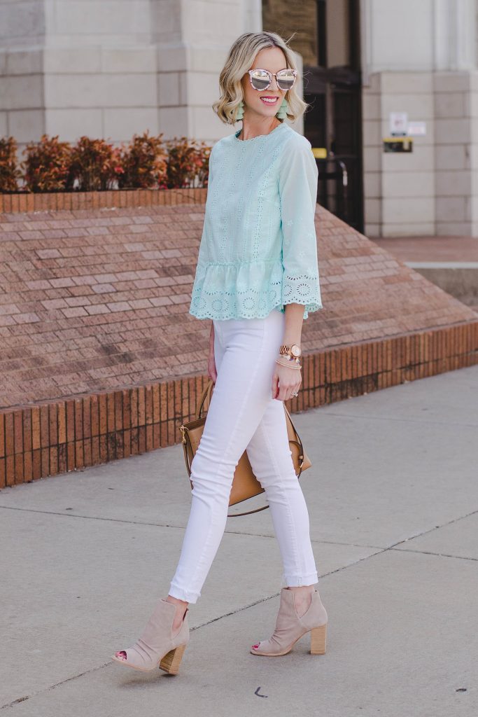 mint for spring, mint eyelet peplum top with white jeans and peep toe booties