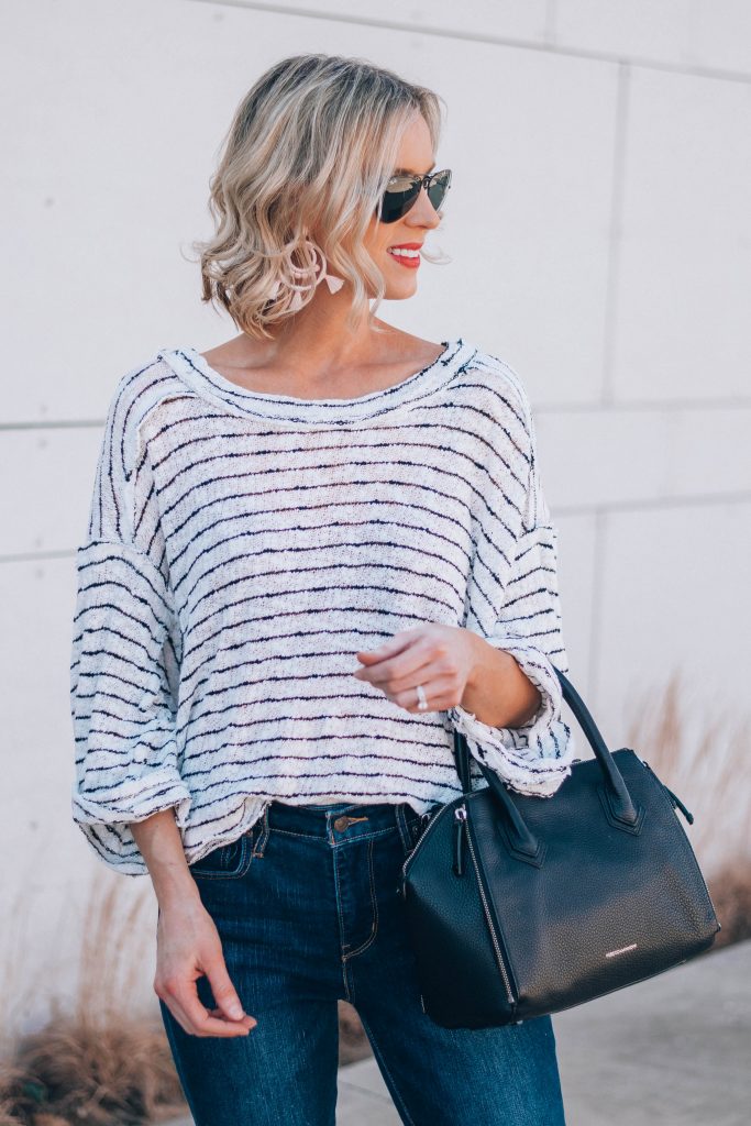 oversized white top with black stripes