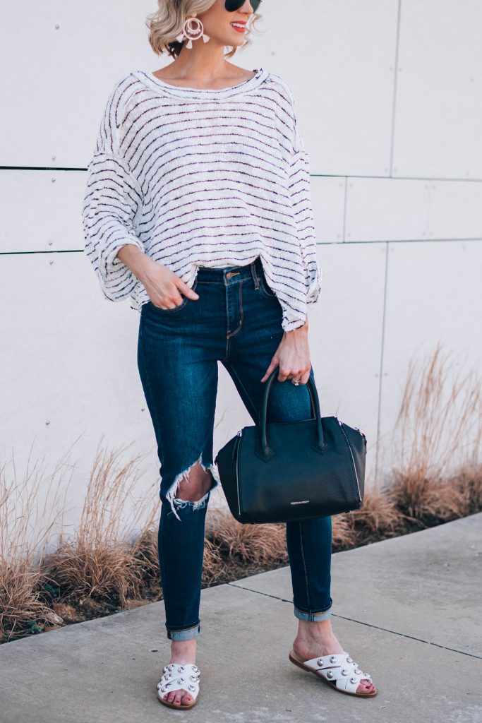 easy casual outfit, comfy striped top with distressed denim