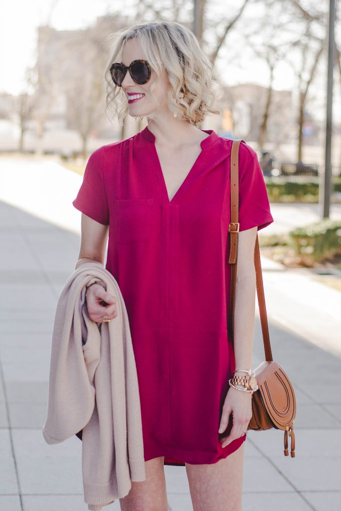 burgundy shift dress with v-neck