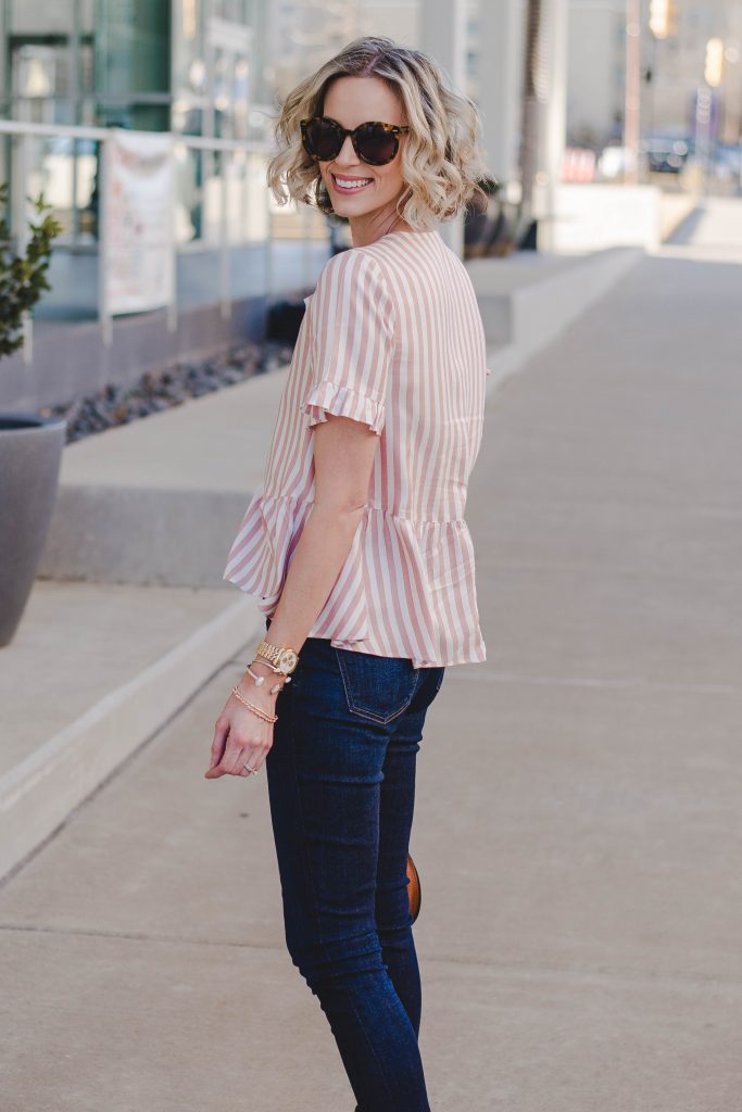 striped pink and white blouse for spring