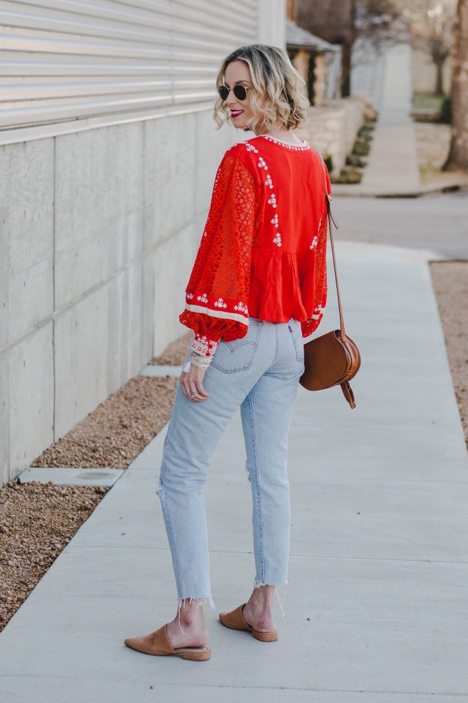 red boho top with levi's 