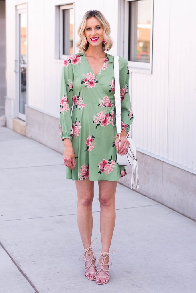 floral wrap dress with lace up heeled sandals