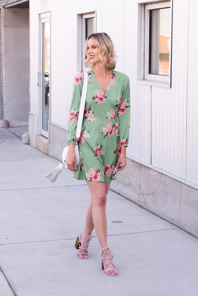 floral wrap dress with lace up sandals