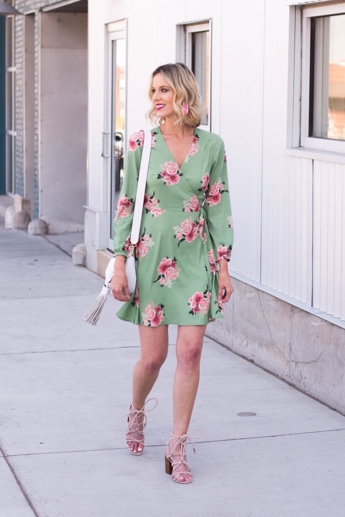 green dress with pink accessories