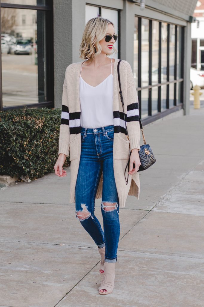 everyday basics, easy spring outfit, cardigan and jeans with peep toe booties