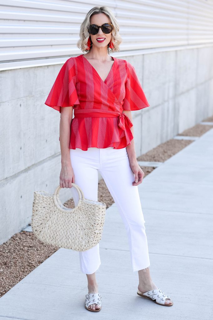 white jeans with wrap style tie waist top