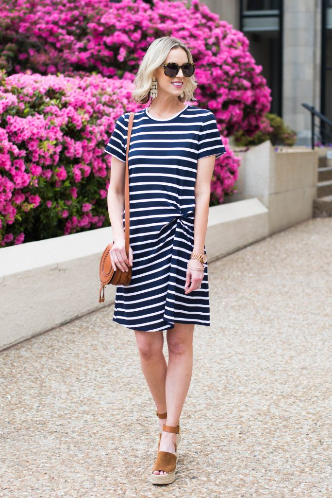 navy and white striped casual dress with cognac wedges and bag