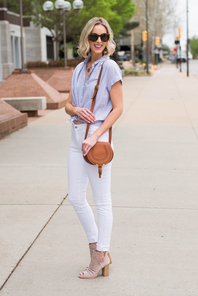 white jeans with tied button front shirt