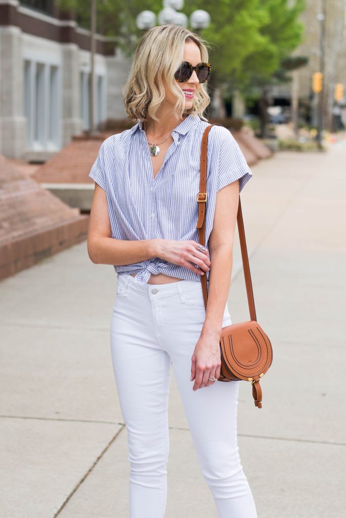 button front striped top with white jeans for spring