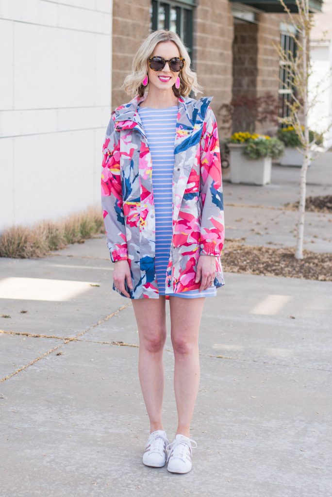 striped dress and floral rain jacket