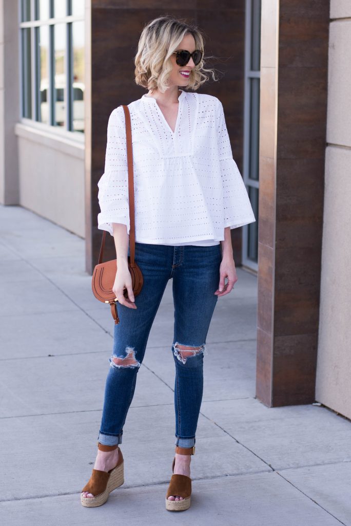 white eyelet top with jeans