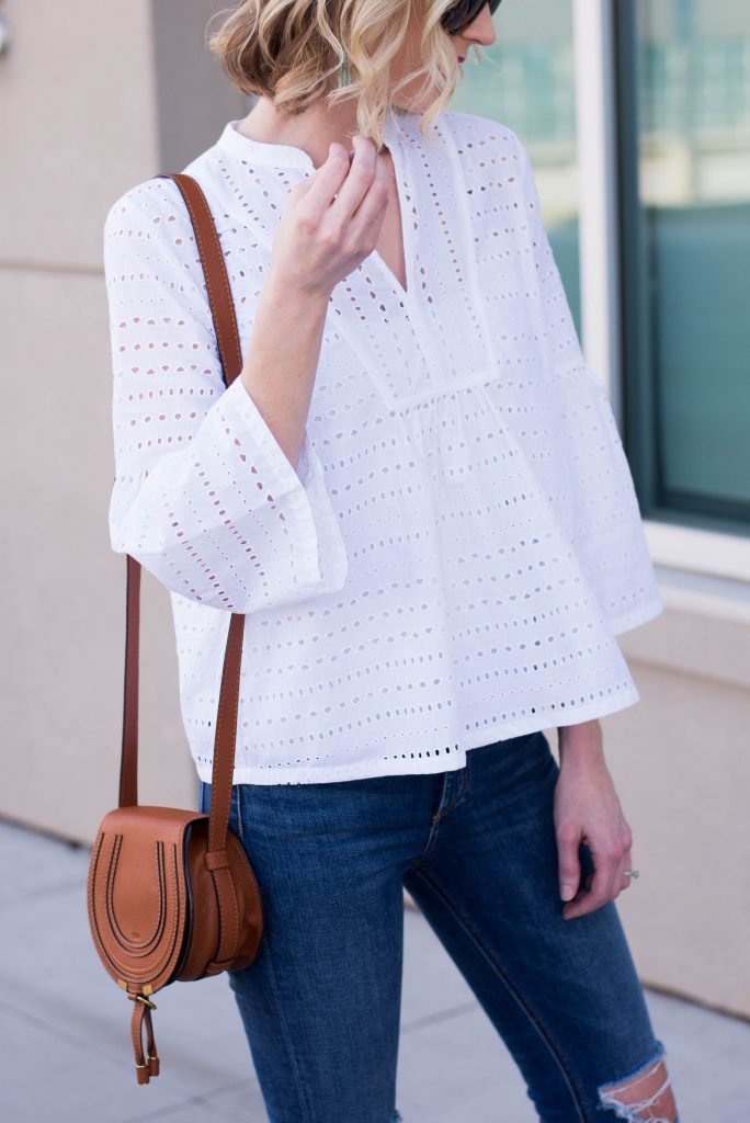 white eyelet top with bell sleeves