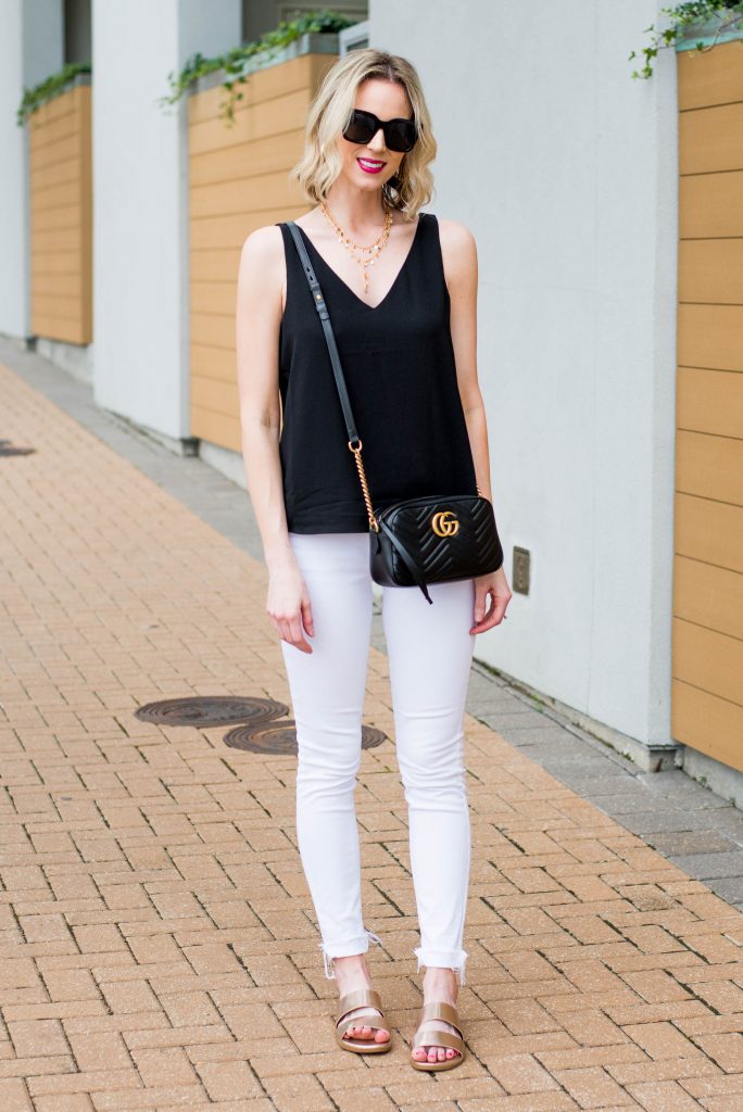 white jeans with black tank top