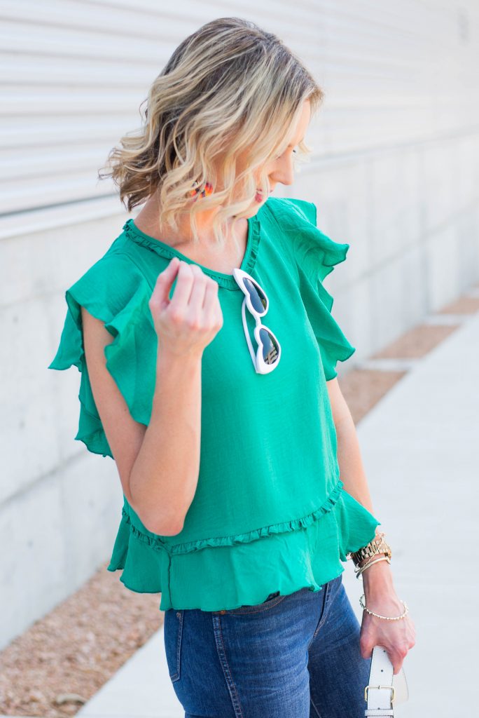 gorgeous green top with ruffle sleeves and hem