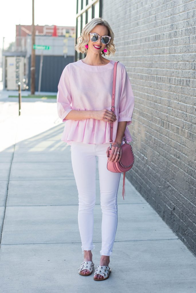 pink peplum top with white and pink accents