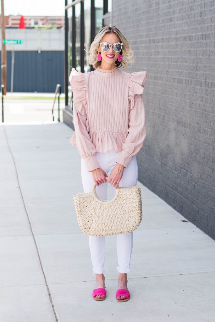 white and pink outfit for spring