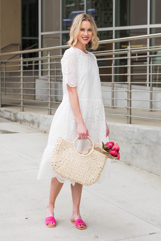 white dress for spring with pink roses and pink shoes